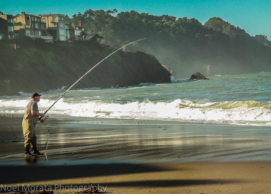 Fishing and surf at Baker Beach