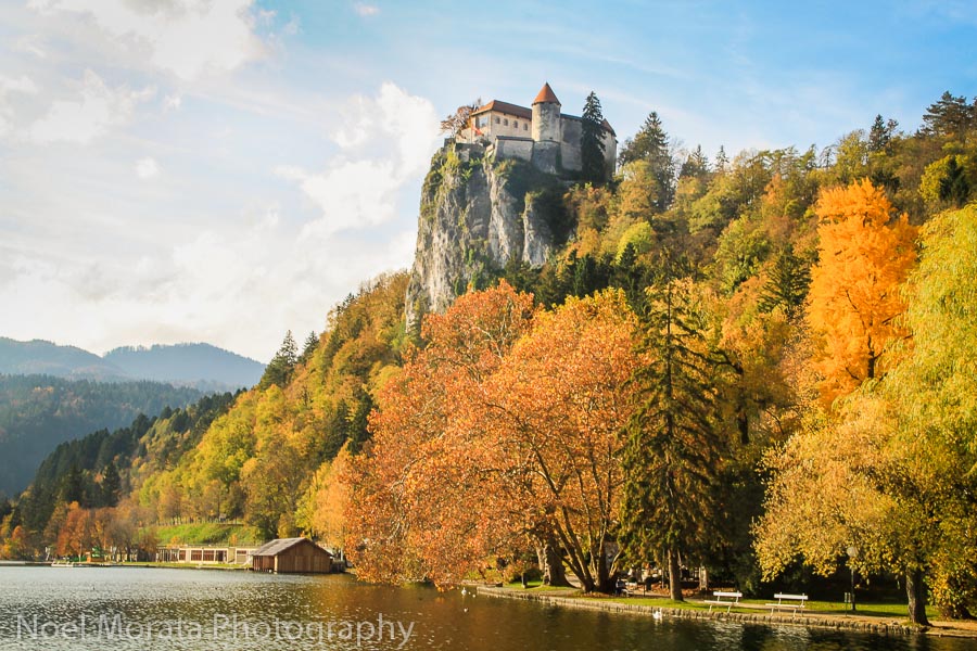 A broad view of the castle and Lake Bled autumn colors