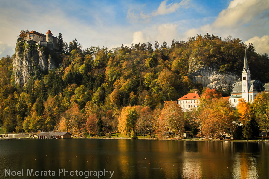 A panorama shot of the castle and Lake Bled