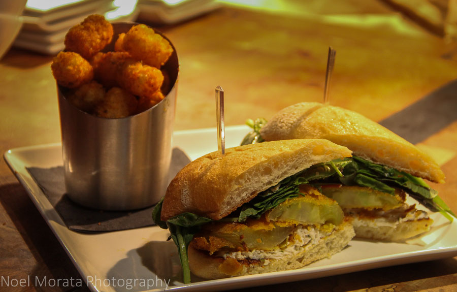 Fried Green tomato sandwich and tater tots