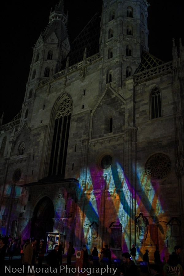 Colorful lights at St. Stephen's Cathedral in Vienna