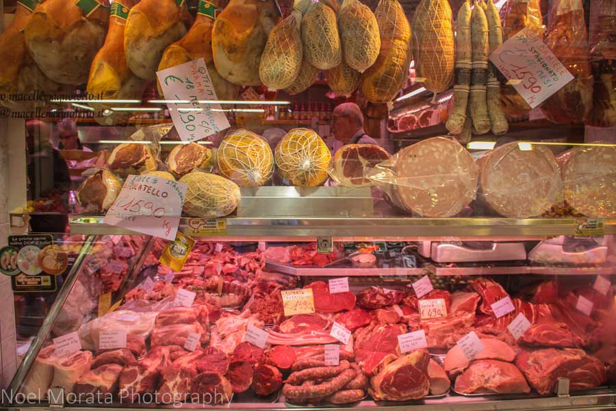 A specialty meat and deli market at the Bologna Quadrilatero market area