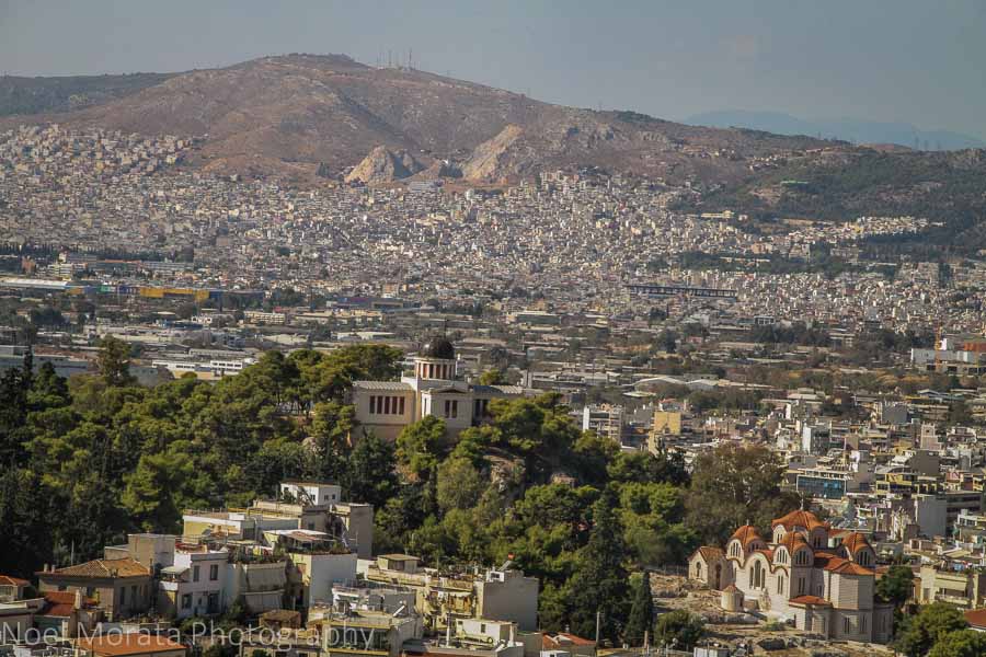 A panoramic view of the historic district and hills of Athens