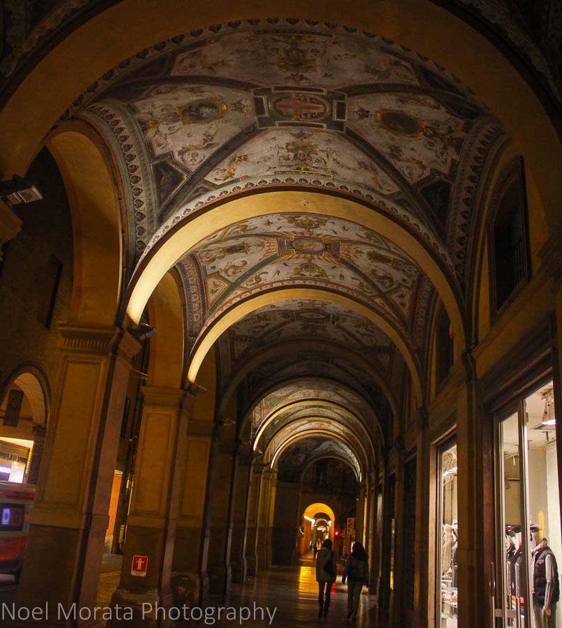 Bologna porticoes at night time