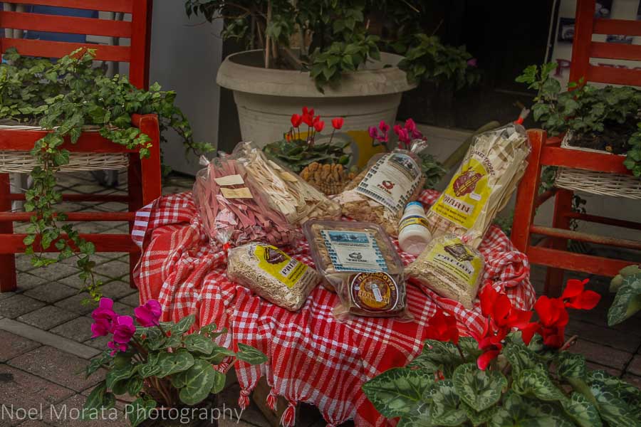 A display of local Thessaloniki specialty foods