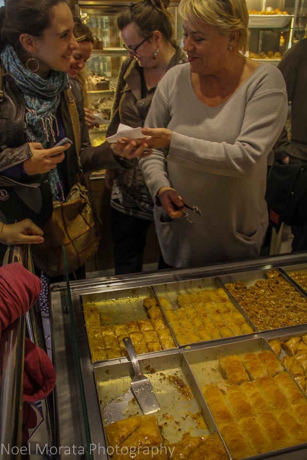 Sampling baklava at Elenidis pastry shop in Thessaloniki 