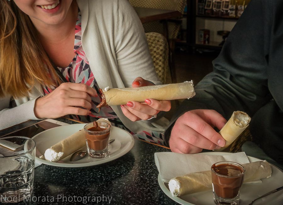 Eating and touring Prague in one day - Tasting Horice rolls dipped in hot chocolate