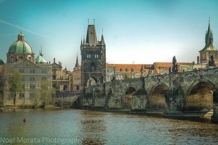 Scenic image of the St. Charles bridge and the Old town of Prague