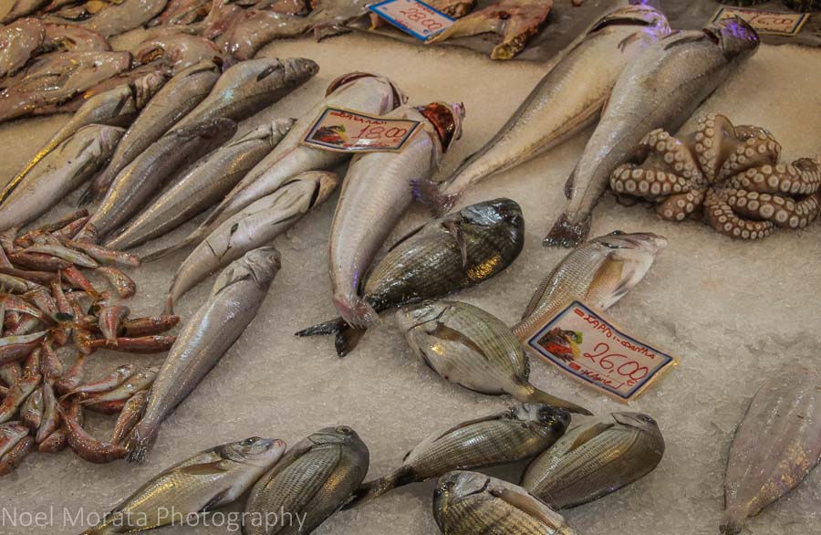 Fresh local seafood at the public market in Chania, Greece