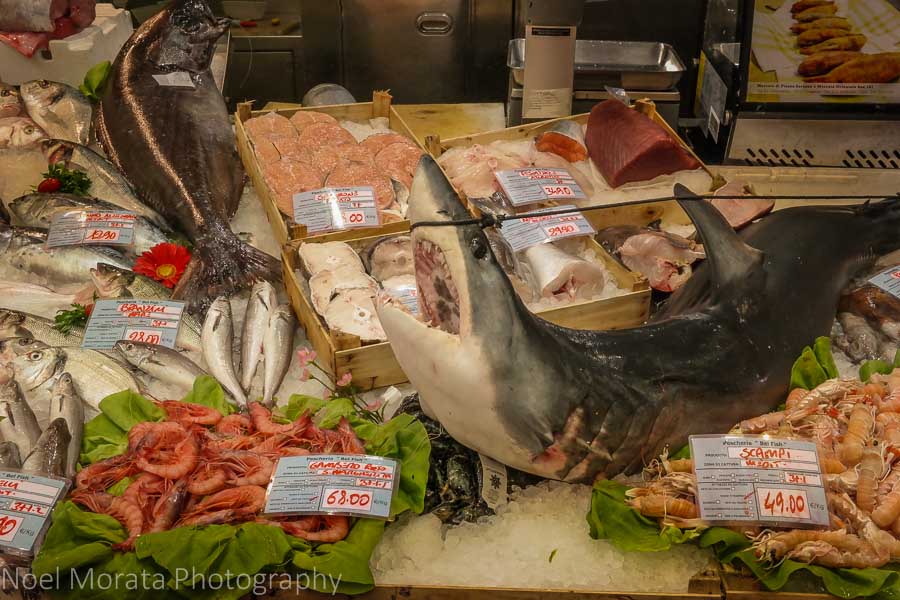 Dramatic seafood display at Mercato Orientale, Genoa