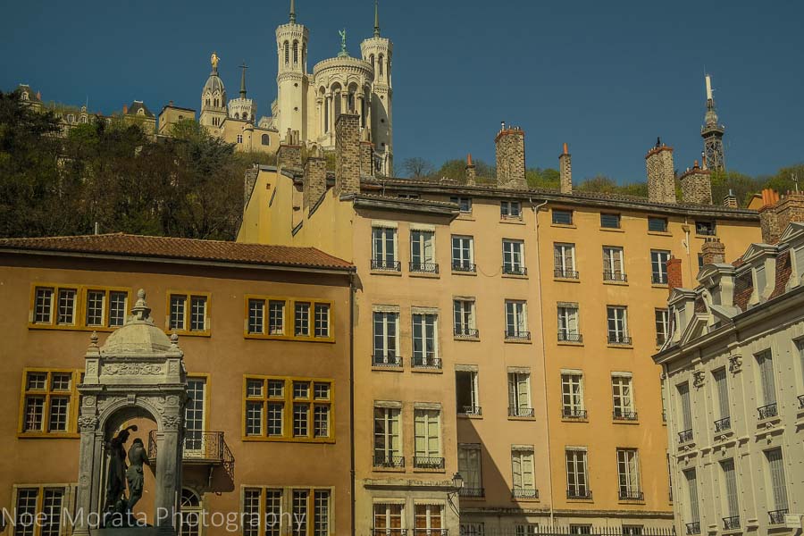 Looking up to the Basilica of Notre-Dame de Fourvière in the medieval district of Lyon, France