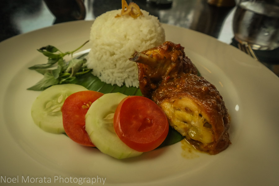 Crispy ayam chicken with rice and vegetables at Amanjiwo