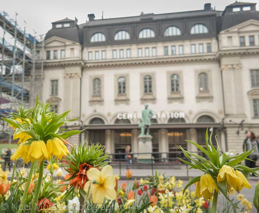 Stockholm's central train station with spring time annuals 