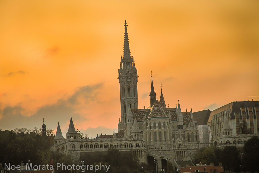 Sunset views of Buda Hill Castle from the Danube promenade in Budapest
