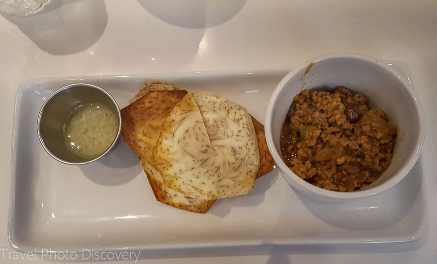 Sofrito meat sauce and taro chips at Larios on South Beach