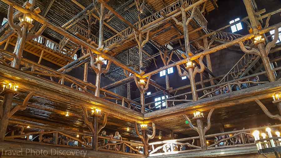 Wooden interior at Old Faithful Inn in Yellowstone