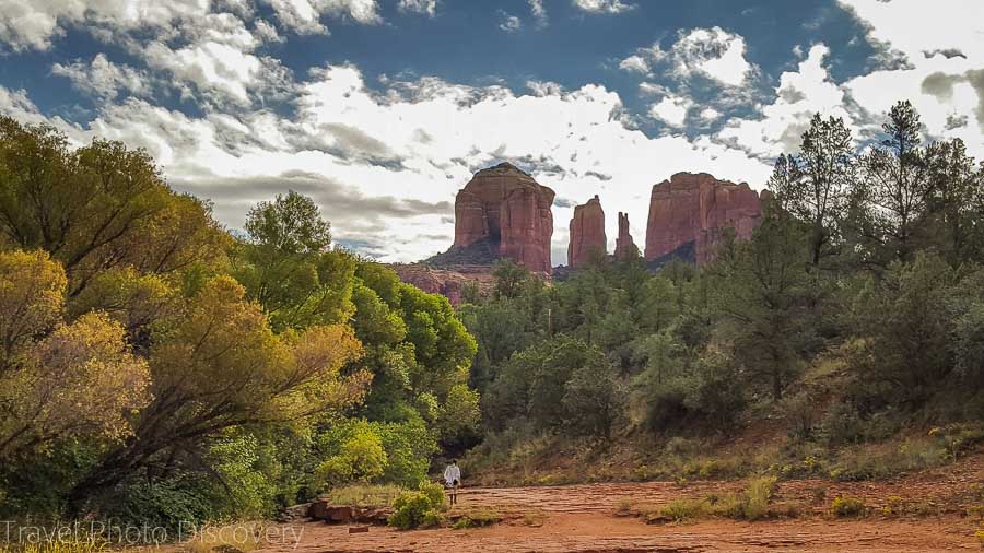 Walking along Oak Creek with views to Cathedral rock Sedona Arizona