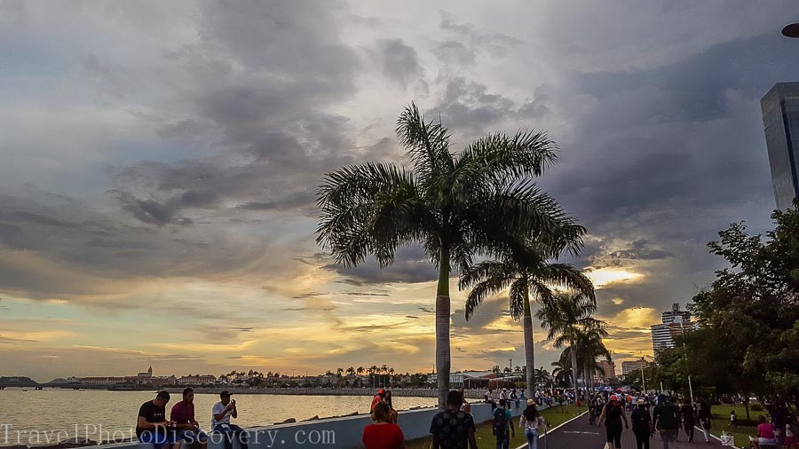 Walking through the Malecon at sunset in Panama City, Panama
