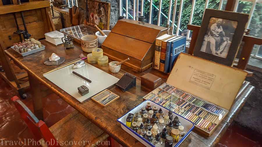 Frida Kahlo's painting studio and displays at Casa Azul in Mexico City