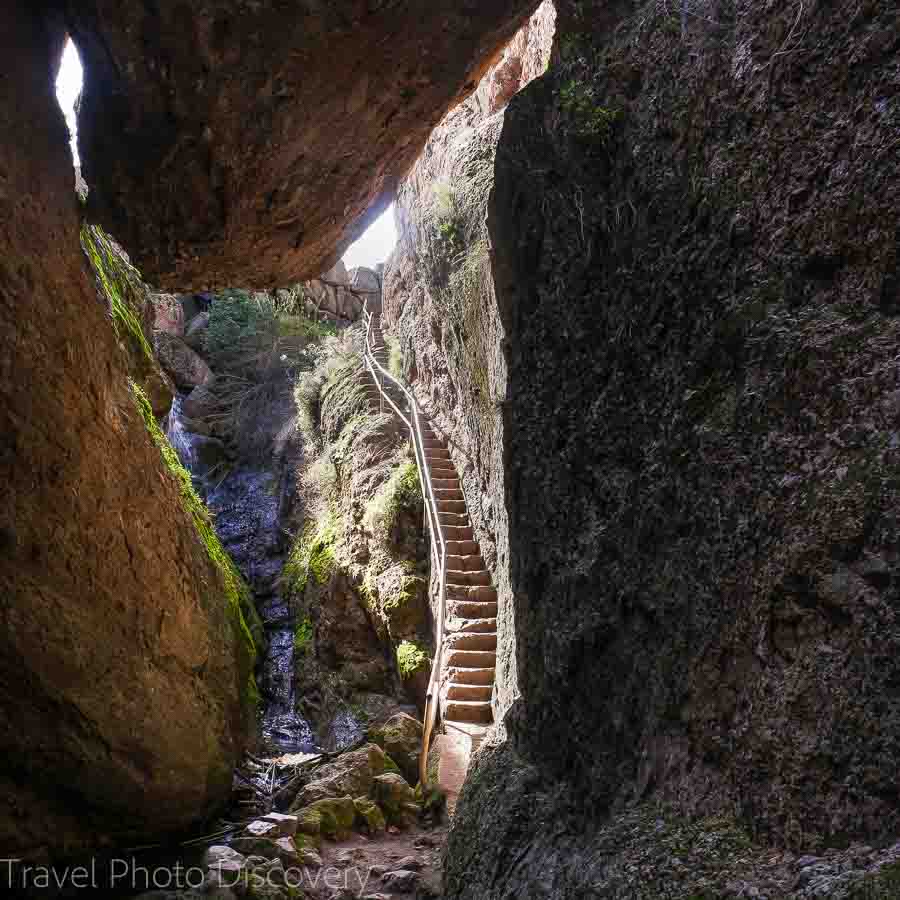 Climbing up into Balconies cave at Pinnacles National Park