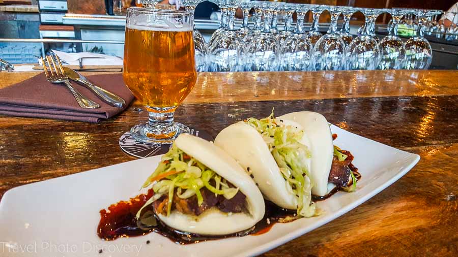 Pork bun with local IPA beer at Stone Brewing