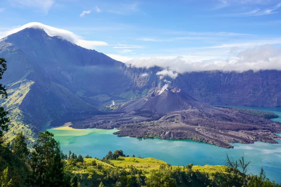 Trekking on active Rinjani volcano in Indonesia