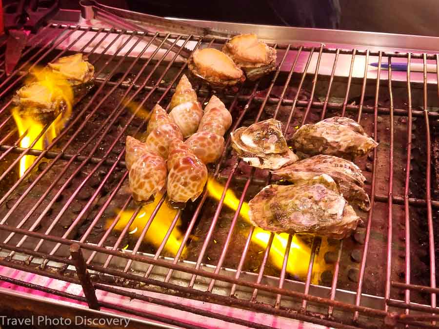 grilled seafood at a street food market in Taipei