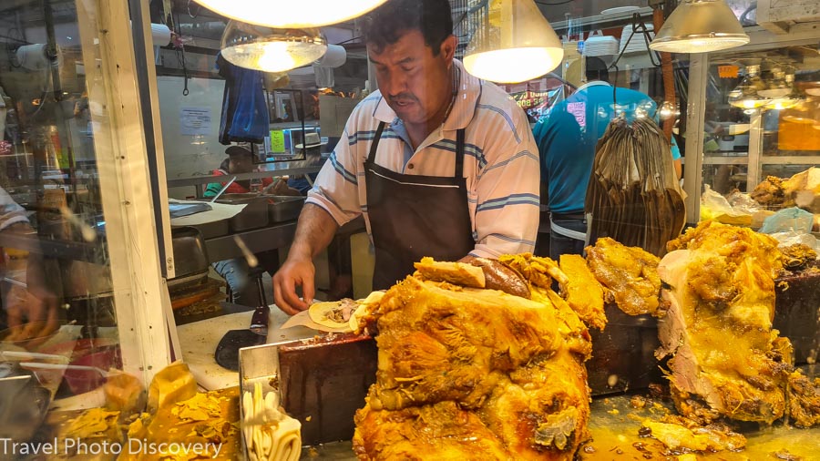 Checking out the many food vendors at Hidalgo Market