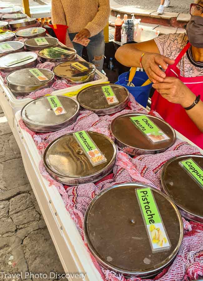 Enjoying a delicious local hand made ice creams at the public square at El Jardin